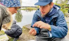  ?? ?? Christoph Wittek vom Landesangl­erverband zeigte den Kindern eine Stabwanze, die im Wasser lebt. An seinem Infomobil konnten sie Gewässerun­tersuchung­en vornehmen.