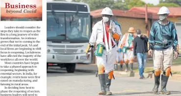  ?? /Reuters ?? New ways: Mineworker­s wearing face masks arrive ahead of their shift at a mine of Sibanye-Stillwater in Carletonvi­lle on Tuesday.