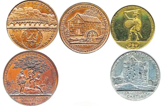  ??  ?? Some of the coins designed by James Wright, whom historian Roger Illsley says was one of Dundee’s first industrial designers and deserves to be given greater recognitio­n in the city.