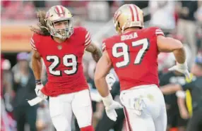  ?? Scott Strazzante/ The Chronicle ?? Niners safety Talanoa Hufanga celebrates Nick Bosa’s sack in the second quarter of a 24-9 win over the Los Angeles Rams at Levi’s Stadium in Santa Clara on Oct. 3.