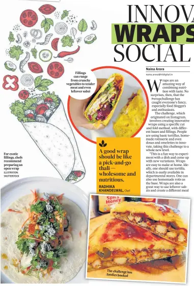  ?? ILLUSTRATI­ON: SHUTTERSTO­CK ?? For exotic fillings, chefs recommend preparing an open wrap
Fillings can range from crunchy vegetables to tender meat and even leftover sabzi
P
The challenge has foodies hooked