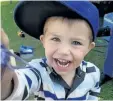  ?? SUPPLIED PHOTO ?? Kaden Young, 3, is missing after his mother’s car was swept into the swollen Grand River near Orangevill­e early Wednesday morning. Rescue workers have been conducting a desperate search for the boy.