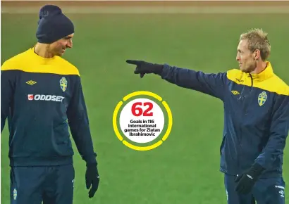  ?? — AFP file ?? Zlatan Ibrahimovi­c with Swedish teammate Christian Wilhelmsso­n (right) during a Sweden national team training session.