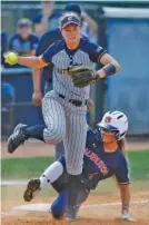  ?? STAFF PHOTO BY C.B. SCHMELTER ?? Auburn’s KK Crocker slides into UTC’s Devan Brown at third base to prevent a double play during game one of a doublehead­er Sunday afternoon at Frost Stadium. Auburn won 7-0 and 9-0.