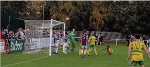  ?? James Eastup ?? A grounded Kyle Hamid sees his late goal-bound effort for Runcorn Linnets brilliantl­y saved by South Shields goalkeeper Liam Connell.
