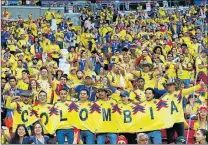  ?? Picture: GETTY IMAGES ?? YELLOW TIDE: Colombia fans show their support for their country during the World Cup match against Poland at Kazan Arena on Sunday in Kazan, Russia, adding colour to what they say is a great experience