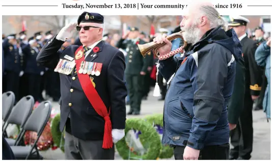  ?? CITIZEN PHOTO BY JAMES DOYLE ?? John Scott, vice president of the Royal Canadian Legion BC/ Yukon Command, salutes as a bugler plays Reveille on Sunday as part of Remembranc­e Day ceremonies.