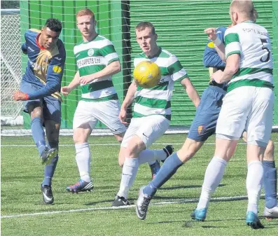  ??  ?? Hammer blow Joao Victoria fires home Kilby’s second goal of the day to put Buckie to the sword at K-Park