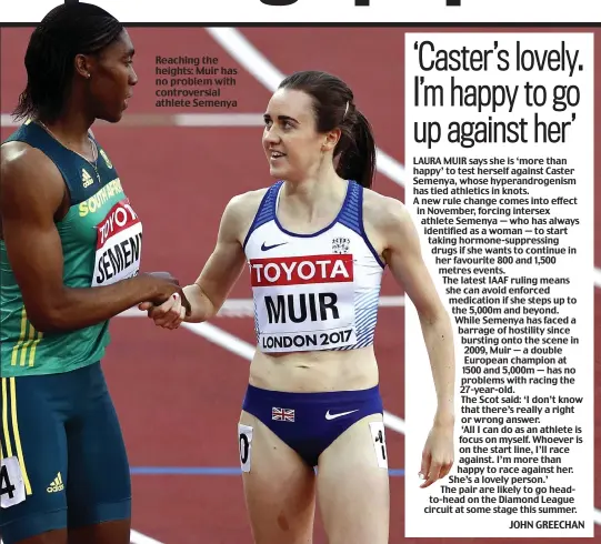  ??  ?? Reaching the heights: Muir has no problem with controvers­ial athlete Semenya