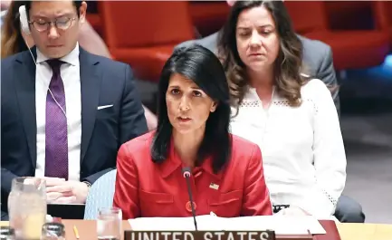  ??  ?? US Ambassador to the UN Nikki Haley speaks during a Security Council meeting on North Korea at the UN headquarte­rs in New York on Wednesday. (AFP)