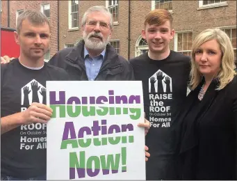  ??  ?? Cllr Ruairí Ó Murchú, Gerry Adams TD, Aaron Byrne DkIT Students’ Union and Cllr Anne Campbell at the Raise the Roof rally in Dublin