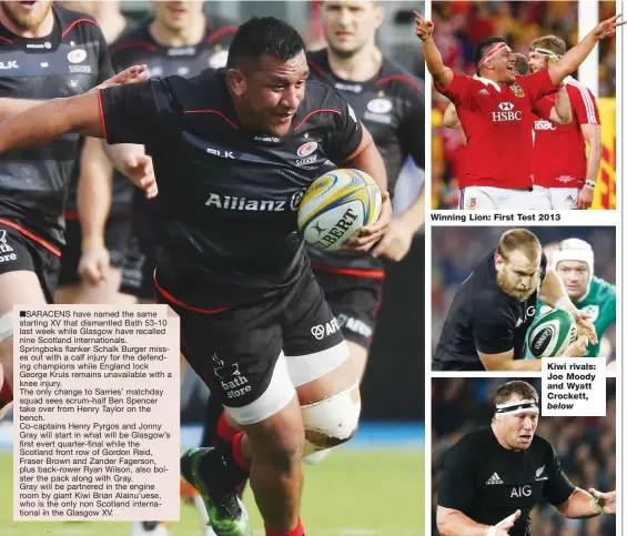  ??  ?? ■SARACENS have named the same starting XV that dismantled Bath 53-10 last week while Glasgow have recalled nine Scotland internatio­nals. Springboks flanker Schalk Burger misses out with a calf injury for the defending champions while England lock...