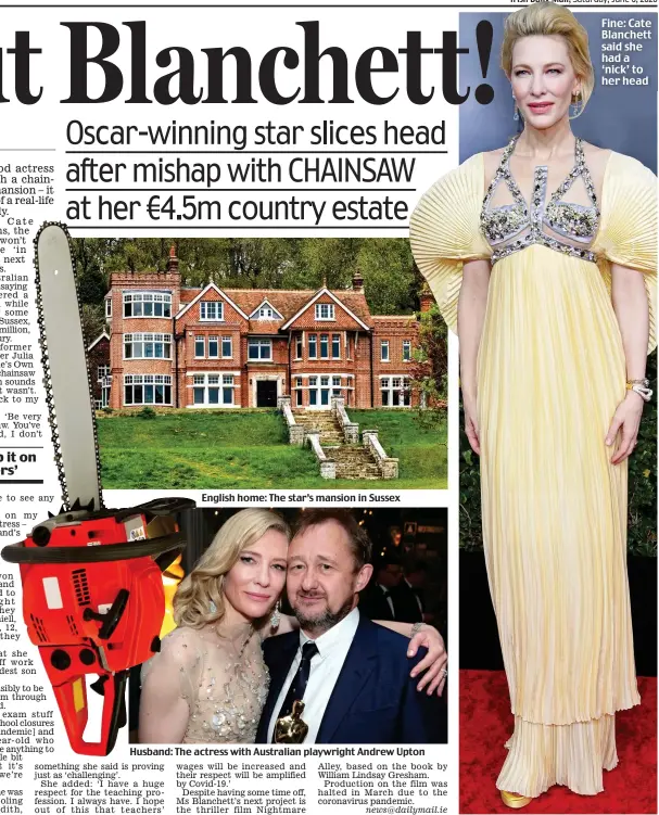  ??  ?? English home: The star’s mansion in Sussex
Husband: The actress with Australian playwright Andrew Upton news@dailymail.ie Fine: Cate Blanchett said she had a ‘nick’ to her head