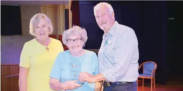  ??  ?? Irene Hore (centre) accepts the Neerim District citizen of the year award from Cr Peter Kostos (right) and supported by her daughter Annette Swaffield.