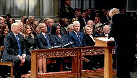  ?? AP ?? From left, President Donald Trump, first lady Melania Trump, former President Barack Obama, Michelle Obama, former President Bill Clinton, former Secretary of State Hillary Clinton, and former President Jimmy Carter listen as former Senator Alan Simpson, R-Wyo., speaks during a State Funeral for former President George H.W. Bush.