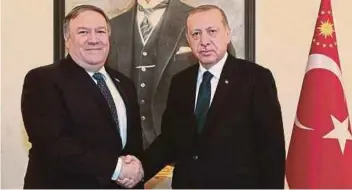  ?? REUTERS PIC ?? Turkish President Recep Tayyip Erdogan with United States Secretary of State Mike Pompeo at Esenboga Internatio­nal Airport in Ankara, Turkey yesterday.