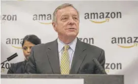  ?? | RICH HEIN/ SUN- TIMES ?? Senator Dick Durbin spoke about President Donald Trump and Gov. Bruce Rauner at the opening of Amazon corporate Chicago offices Monday.