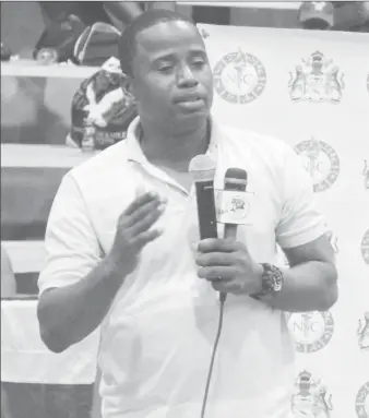  ??  ?? President of the DVA, Trevor Williams, speaking at the opening ceremony of the DVA-A-Division league at the National Gymnasium on Sunday.