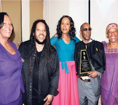 ?? CONTRIBUTE­D PHOTOS ?? From left: Joy Cooper (wife of Grub Cooper), Stephen Marley, Rosemary Duncan, Grub Cooper and Dr Amina Blackwood-Meeks at the 2017 Rita Marley Foundation Public Speaking Competitio­n.