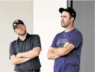  ?? Karen Warren / Staff photograph­er ?? Astros general manager James Click, left, with pitcher Justin Verlander, spent 14 years with the Tampa Bay Rays. The Rays went to the postseason five times, including the 2008 World Series.
