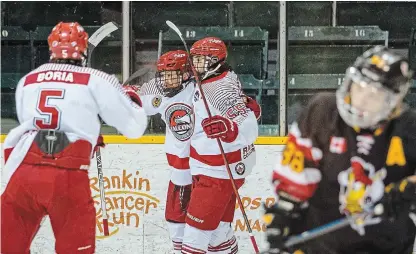  ?? BOB TYMCZYSZYN TORSTAR FILE PHOTO ?? The
St. Catharines Falcons celebrate a goal in their conference final-series victory over Hamilton in May. Hamilton hosts St. Catharines on Thursday night.