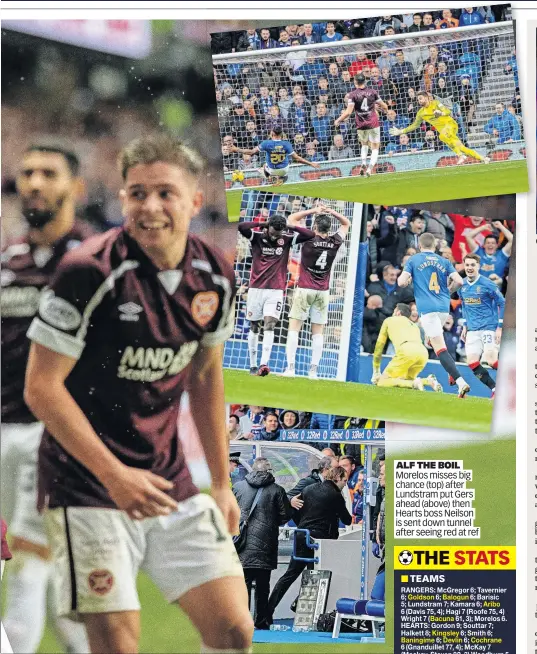  ?? ?? ALF THE BOIL Morelos misses big chance (top) after Lundstram put Gers ahead (above) then Hearts boss Neilson is sent down tunnel after seeing red at ref