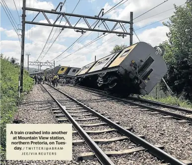  ?? / TWITTER/@ABRAMJEE/VIA REUTERS ?? A train crashed into another at Mountain View station, northern Pretoria, on Tuesday.