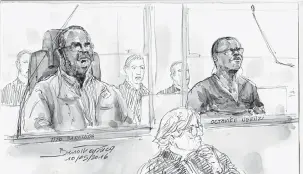  ?? — Gambar AFP ?? REDA: Gambar lukisan pada tarikh 10 Mei 2016 ini menunjukka­n keadaan di dalam bilik mahkamah semasa sesi perbicaraa­n terhadap Barahira (kiri) dan Ngenzi (kanan).