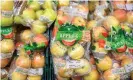  ??  ?? Bags of fresh produce will have clear labels advising which items can be kept in the fridge to last longer. Photograph: Jason Alden/Bloomberg/Getty Images