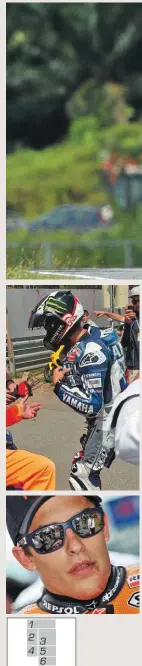  ??  ?? 1- Lorenzo, Pedrosa, Marquez au GP de Malaisie 2013. 2- Chute de Lorenzo au Sachsenrin­g en juillet dernier et nouvelle fracture de la clavicule pour le pilote Yamaha. 3 et 4- Grosse frayeur pour Marquez au Mugello. Victime d’une chute à 300 km/h, Marc...