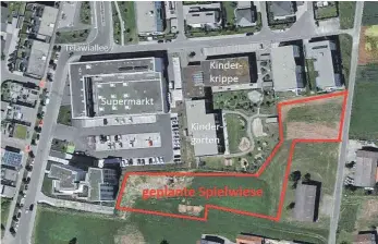  ?? GRAFIK: GOOGLE MAPS/SZ ?? Die rot umrandete Fläche markiert grob den Bereich, der künftig als sogenannte Spielwiese anegelgt werden soll. Sie stell eine Grünzäsur dar, die das Beugebiet Talfeld vom Stadtteil Bergerhaus­en abgrenzt.