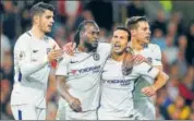  ?? REUTERS ?? Chelsea's Victor Moses (second from left) celebrates scoring his team’s second goal against Burnley on Thursday.