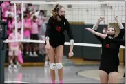  ?? OWEN MCCUE - MEDIANEWS GROUP ?? Boyertown’s Adrianna Derstine celebrates a point in the third set Monday against Methacton.