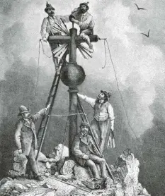  ?? Foto: epd ?? Holzstich zum Aufrichten des Gipfelkreu­zes auf der Zugspitze im Jahr 1882.