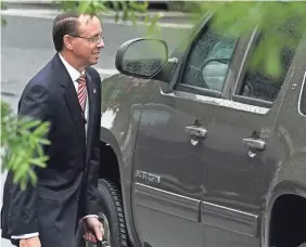  ?? ALEX WONG/GETTY IMAGES ?? Deputy Attorney General Rod Rosenstein leaves after meeting at the White House with chief of staff John Kelly on Monday.