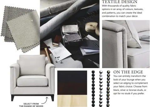  ?? ?? SELECT FROM THE RANGE OF WOOD STAINS TO COMPLETE THE LOOK
THIS PAGE: Clovedale Armchair, upholstere­d in Jack fabric in Dune from Warwick, $1,399. PREVIOUS PAGE: Robert Mark Print with Matte Black Frame, $279; Gemma Vases, $49 for a set of two; Zena Frost Lamp, $149; Kiowa Buffet in Ash, 1,299; Lorissa Chair upholstere­d in Serenity fabric in Merlot from Profile, $999; Amora Rug in Beige, $429 (200x290cm); Cassia Coffee Table, $299.