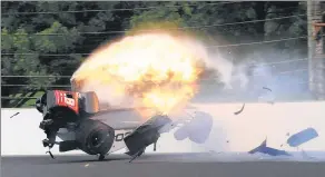  ?? GREG HUEY / AP ?? Sebastien Bourdais crashes into the wall during qualificat­ions for the Indianapol­is 500 on Saturday in Indianapol­is. The Coyne Racing driver sustained multiple fractures of his pelvis and a fractured right hip.