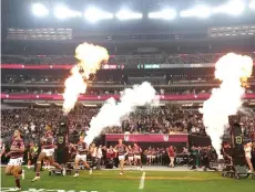  ?? — AFP photo ?? The Sea Eagles take the field during the round one NRL match between Manly Sea Eagles and South Sydney Rabbitohs at Allegiant Stadium, in Las Vegas, Nevada.