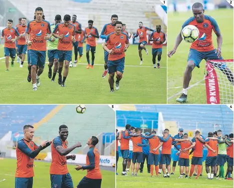  ??  ?? (1) Juan Pablo Montes encabezó la marcha física del azul ayer en el Nacional. (2) Rubilio anotó en el clásico y quiere repetirlo ante su exequipo. (3) Erick Andino y Javier Estupiñán pasándola bien en el entrenamie­nto. (4) Diego reunido con los suyos en el césped.