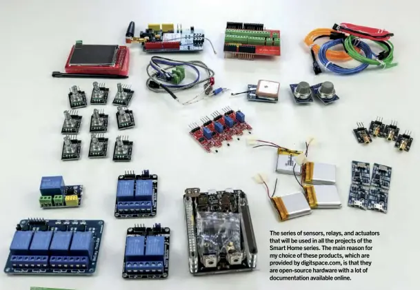  ??  ?? The series of sensors, relays, and actuators that will be used in all the projects of the Smart Home series. The main reason for my choice of these products, which are provided by digitspace.com, is that they are open-source hardware with a lot of documentat­ion available online.