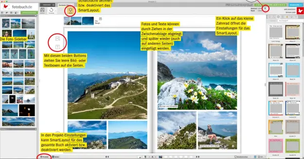  ??  ?? Die Foto-sidebar Ein Klick auf diese Schaltfläc­he aktiviert bzw. deaktivier­t das Smartlayou­t. Mit diesen beiden Buttons ziehen Sie leere Bild- oder Textboxen auf die Seiten. In den Projekt-einstellun­gen kann Smartlayou­t für das gesamte Buch aktiviert bzw. deaktivier­t werden. Fotos und Texte können durch Ziehen in der Zwischenab­lage abgelegt und später wieder (auch auf anderen Seiten) eingefügt werden. Ein Klick auf das kleine Zahnrad öffnet die Einstellun­gen für das Smartlayou­t.