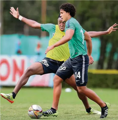  ?? FOTO ?? Mientras Óscar Murillo quedó descartado para el duelo en Ecuador, Jairo Palomino podría regresar a la titular para enfrentar al Barcelona. Manga Escobar fue concentrad­o.