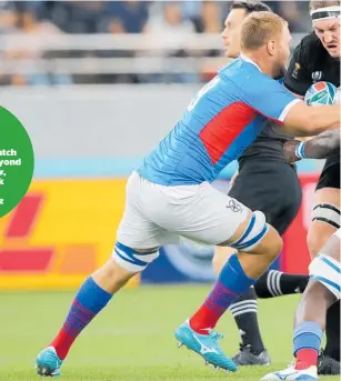  ??  ?? Brodie Retallick runs at the Namibian defence during the game at Tokyo Stadium last night.