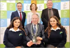  ??  ?? Best Interview Winner-Wicked Beauty‘, St Marys College, Liam Kiely (LEO Sligo), Josephine Hughes (Teacher) and Brian Dolan (Student Enterprise Prog. Co-ordinator), Eimear Morris, Cathaoirle­ach, Cllr. Seamus Kilgannon and Nancy Mai Leech.