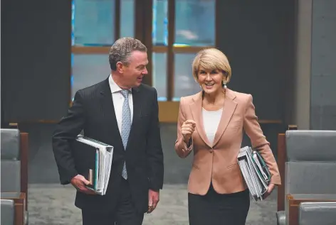  ?? Picture: MICK TSIKAS ?? Ex-pollies Christophe­r Pyne and Julie Bishop have landed themselves lucrative private sector gigs but that wouldn’t be the case if Sunday Territoria­n columnist Hayley Sorensen had her way