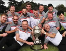  ??  ?? Shane Flanagan ( Team Captain) and Robbie Fitzpatric­k ( Assistant Team Captain) with the Co Sligo team members: Ruairí O’Connor, Declan Reidy, Garth McManus, Mark Morrissey, Sean Flanagan, TJ Ford, David Brady, Shane Underwood, Alan Gaynor and Cian Feeney after their victory in the AIG Senior Cup at Carton House in September. This is the blue pennant trophy of Irish Amateur golf first played in 1900. Co Sligo have won it four times. 2016 saw them claim the Connacht title to qualify for the All- Irelands.