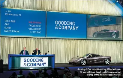  ?? ?? Gooding & Co’s record-breaking $20m Mclaren F1 sale at Pebble Beach in 2021 represente­d the top of the modern-classic market