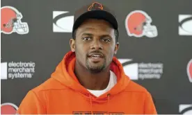  ?? Photograph: Joshua Gunter/AP ?? Cleveland Browns quarterbac­k Deshaun Watson speaks to the media on Thursday in Berea, Ohio.