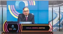  ??  ?? Chairman N Chandrasek­aran addresses the virtual AGM from Mumbai