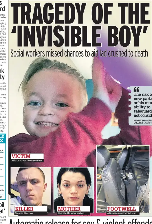  ??  ?? VICTIM
Alfie Lamb was killed aged three
KILLER Stephen Waterson
MOTHER Hoare lied to social workers
FOOTWELL Alfie was crushed behind seat